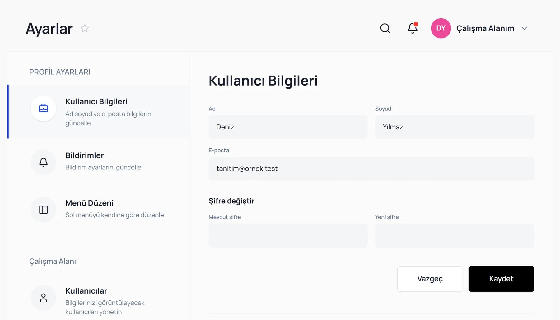 Ayarlar ekranı: solda profil ayarları ve çalışma alanı bölümleri, sağda seçili bölümün içeriği