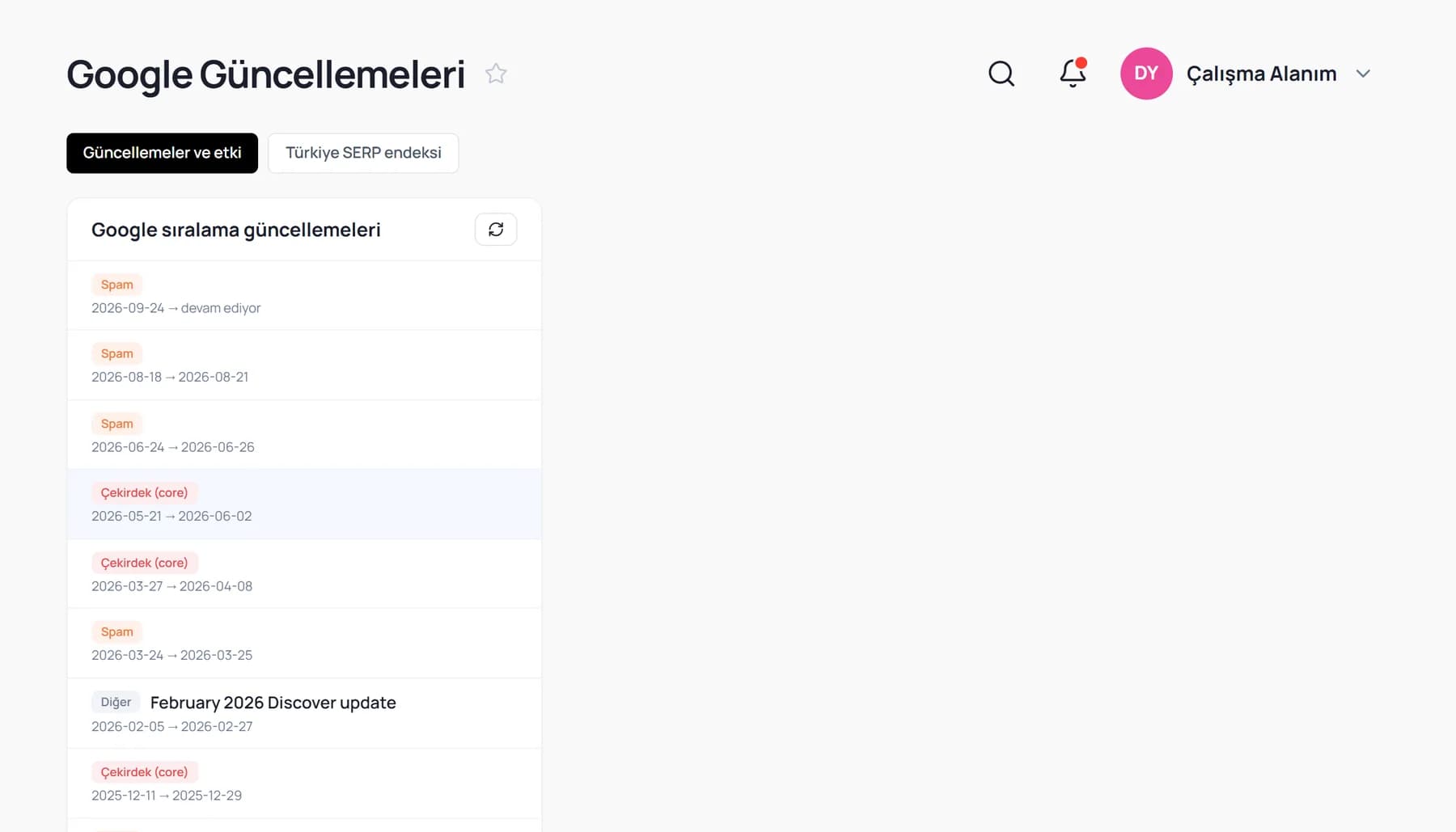 Google Güncellemeleri ekranı: çekirdek ve spam güncellemelerinin başlangıç ve bitiş tarihleriyle listesi