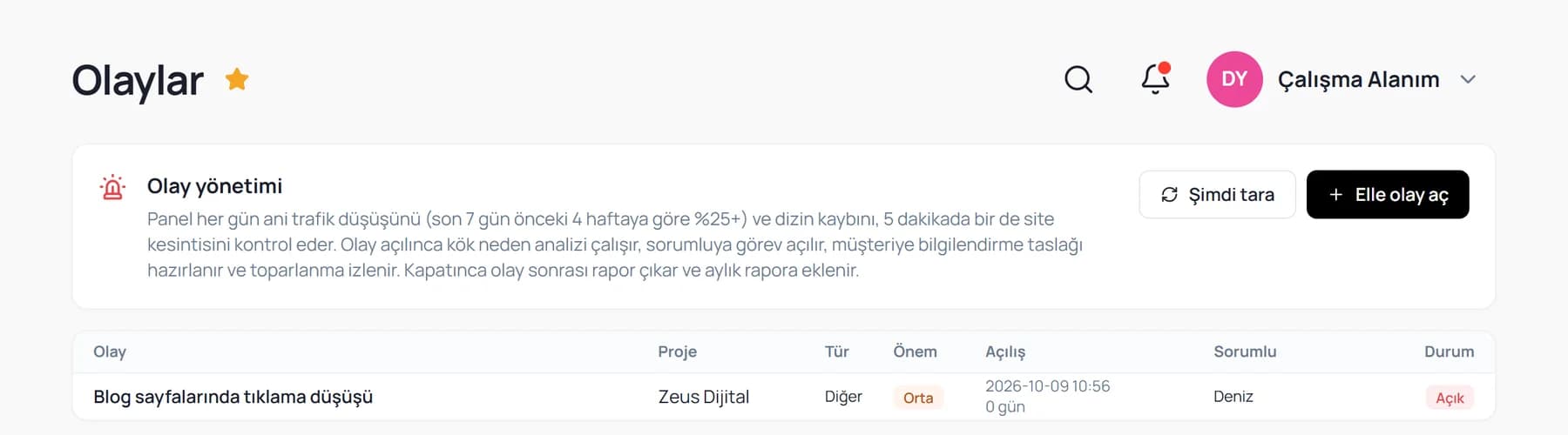 Olaylar ekranı: olay yönetimi açıklaması, şimdi tara ve elle olay aç düğmeleri, olay, proje, tür, önem, açılış, sorumlu ve durum sütunlarıyla liste