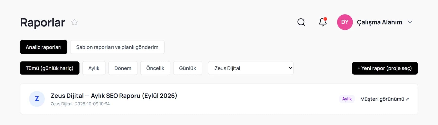 Raporlar ekranı: rapor türü süzgeçleri, proje seçici ve aylık SEO raporu satırı