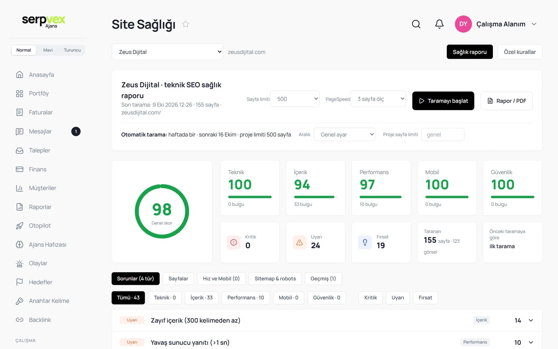 Serpvex site sağlığı ekranı: genel skor, teknik, içerik, performans, mobil ve güvenlik puanları
